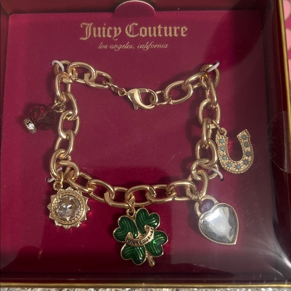 Juicy Couture Jewelry - Juicy Couture Gold-Tone Charm Bracelet with Green Enamel Clover and Red Crystal